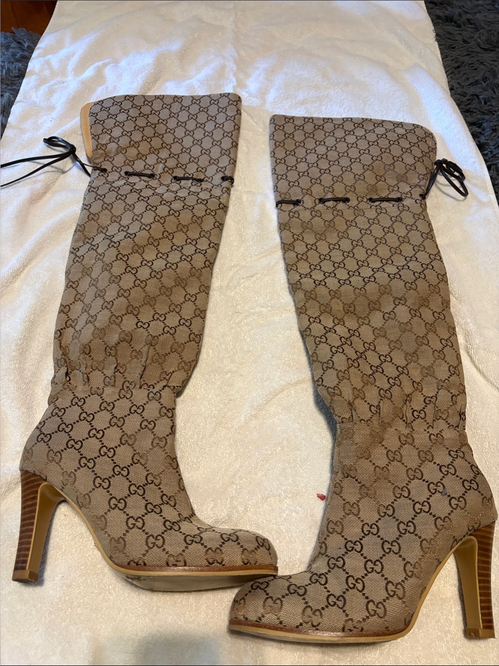 Gucci Beige Brown GG Canvas Over-the-Knee Heeled Boots